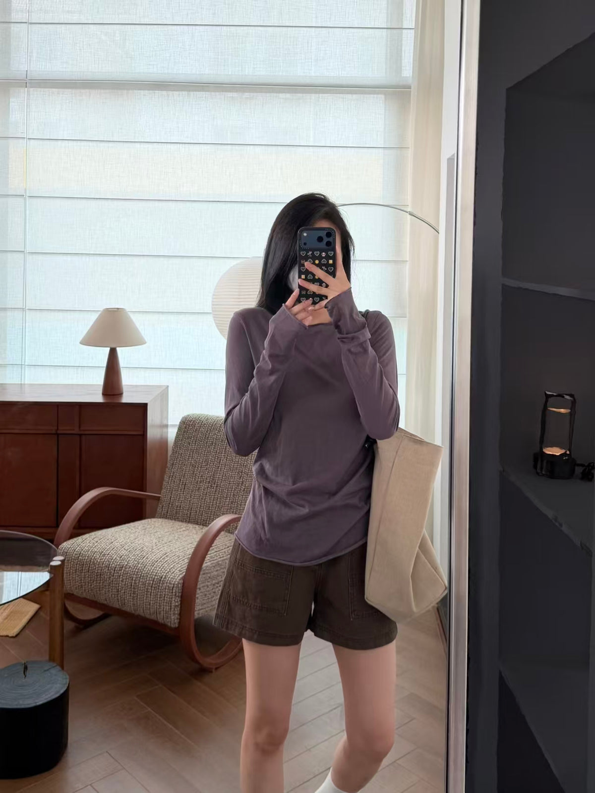 High-waist denim shorts full outfit mirror shot